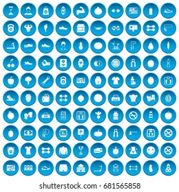 100 gym icons set in blue circle isolated on white vector illustration