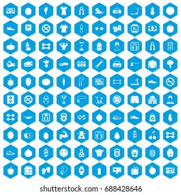 100 gym icons set in blue hexagon isolated vector illustration