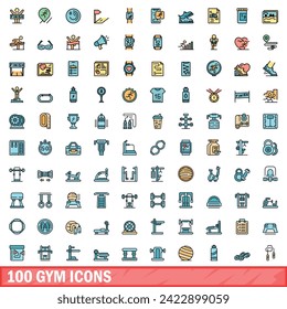 100 gym icons set. Color line set of gym vector icons thin line color flat on white