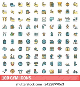 100 Gymnastiksymbole. Farblinienset für Gymnasialsymbole in dünnen Linien auf Weiß