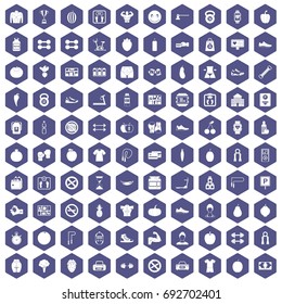 100 gym icons set in purple hexagon isolated vector illustration