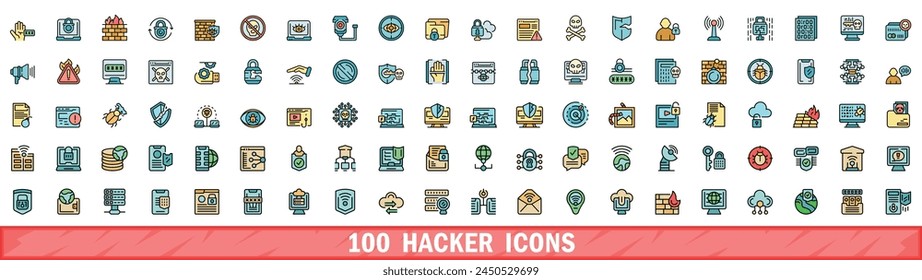 100 Hacker-Icons gesetzt. Farbliniensatz von Hacker-Vektor-Symbolen Dünne Linie Farbe flach auf weiß