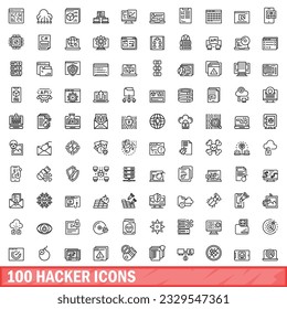 100 iconos de hacker. Ilustración de esquema de 100 iconos de hacker conjunto de vectores aislados en fondo blanco