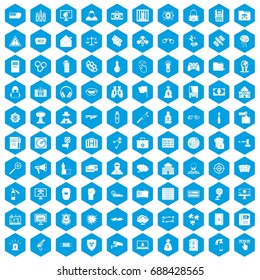 100 hacking icons set in blue hexagon isolated vector illustration