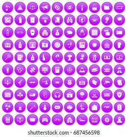 100 hacking icons set in purple circle isolated on white vector illustration