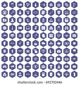 100 hacking icons set in purple hexagon isolated vector illustration