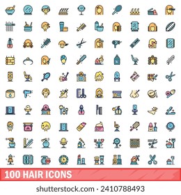 100 hair icons set. Color line set of hair vector icons thin line color flat on white