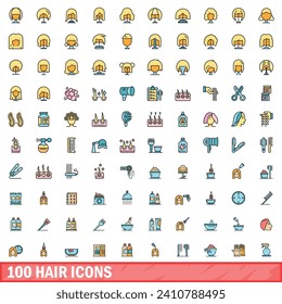 100 hair icons set. Color line set of hair vector icons thin line color flat on white