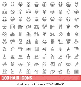 100 iconos de pelo. Ilustración de contorno de 100 iconos de cabello conjunto aislado en fondo blanco