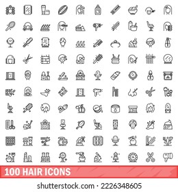 100 iconos de pelo. Ilustración de contorno de 100 iconos de cabello conjunto aislado en fondo blanco