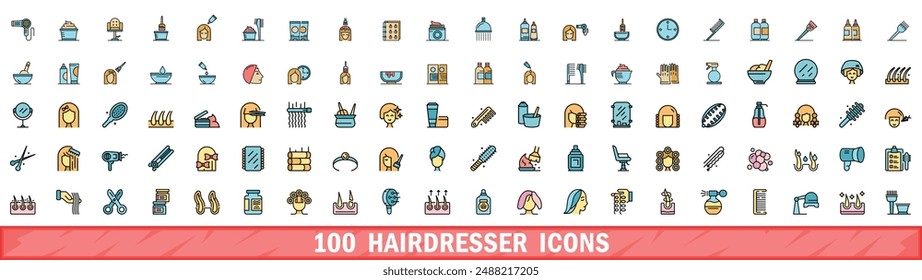 100 hairdresser icons set. Color line set of hairdresser vector icons thin line color flat on white