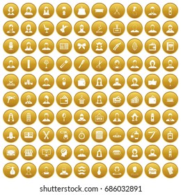 100 hairdresser icons set in gold circle isolated on white vectr illustration