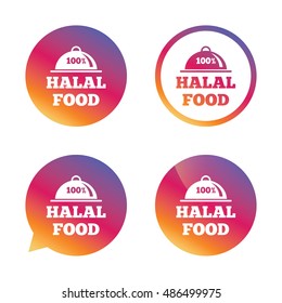 100% Halal food product sign icon. Natural muslims food symbol. Gradient buttons with flat icon. Speech bubble sign. Vector
