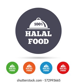 100% Halal food product sign icon. Natural muslims food symbol. Round colourful buttons with flat icons. Vector