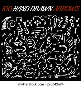 100 hand drawn arrow set. Perfect doodle elements for your business presentation, education and web-design. All objects are grouped and easy editable.