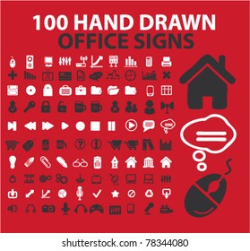 100 hand drawn office signs, icons, vector