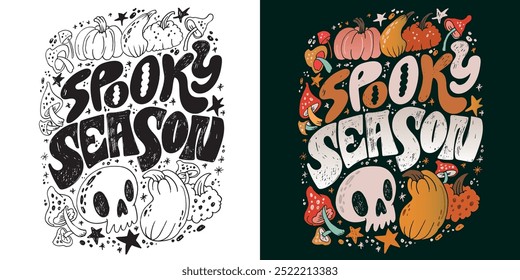 Imagen de Vector 100% dibujado a mano. Feliz Halloween. Linda cita de letras de doodle dibujadas a mano. Letras para el diseño de la camiseta, impresión de la taza, impresión del bolso, moda de la ropa. 