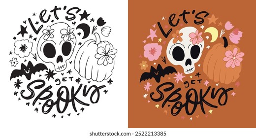 Imagen de Vector 100% dibujado a mano. Feliz Halloween. Linda cita de letras de doodle dibujadas a mano. Letras para el diseño de la camiseta, impresión de la taza, impresión del bolso, moda de la ropa. 