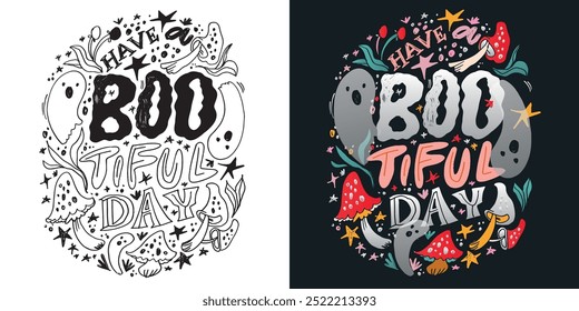 Imagen de Vector 100% dibujado a mano. Feliz Halloween. Linda cita de letras de doodle dibujadas a mano. Letras para el diseño de la camiseta, impresión de la taza, impresión del bolso, moda de la ropa. 