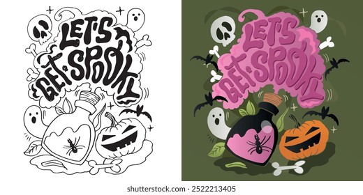 Imagen de Vector 100% dibujado a mano. Feliz Halloween. Linda cita de letras de doodle dibujadas a mano. Letras para el diseño de la camiseta, impresión de la taza, impresión del bolso, moda de la ropa. 