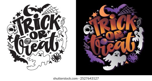 Imagen de Vector 100% dibujado a mano. Feliz Halloween. Linda cita de letras de doodle dibujadas a mano. Letras para el diseño de la camiseta, impresión de la taza, impresión del bolso, moda de la ropa. 