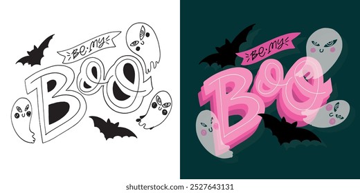 Imagen de Vector 100% dibujado a mano. Feliz Halloween. Linda cita de letras de doodle dibujadas a mano. Letras para el diseño de la camiseta, impresión de la taza, impresión del bolso, moda de la ropa. 