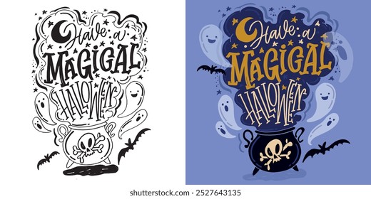 Imagen de Vector 100% dibujado a mano. Feliz Halloween. Linda cita de letras de doodle dibujadas a mano. Letras para el diseño de la camiseta, impresión de la taza, impresión del bolso, moda de la ropa. 