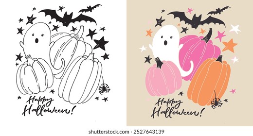 Imagen de Vector 100% dibujado a mano. Feliz Halloween. Linda cita de letras de doodle dibujadas a mano. Letras para el diseño de la camiseta, impresión de la taza, impresión del bolso, moda de la ropa. 