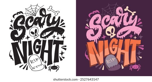 Imagen de Vector 100% dibujado a mano. Feliz Halloween. Linda cita de letras de doodle dibujadas a mano. Letras para el diseño de la camiseta, impresión de la taza, impresión del bolso, moda de la ropa. 