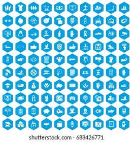 100 hand icons set in blue hexagon isolated vector illustration