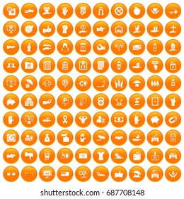 100 hand icons set in orange circle isolated vector illustration