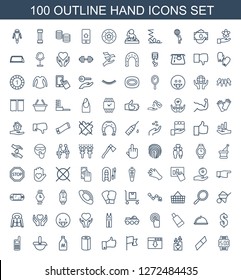 100 hand icons. Trendy hand icons white background. Included outline icons such as wrist dial watch, eraser, candle heart, download cloud, flag. hand icon for web and mobile.