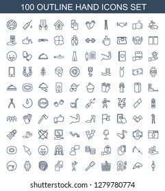100 hand icons. Trendy hand icons white background. Included outline icons such as wrist watch, drill, inflatable boat, shopping bag, mace, father with baby. hand icon for web and mobile.