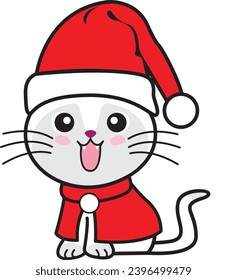 100% Hand-drawn vector: Festive Christmas Cat in Santa's hat. Ideal for presentations, graphics, video editing. Add holiday charm to your creations! 🐾🎅