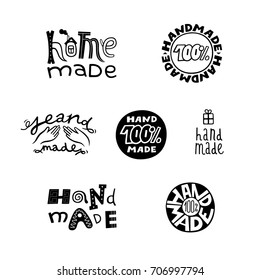 100% handmade badges. Retro labels and vintage tags for package design of hand made products. Vector set of isolated logo templates in cartoon style