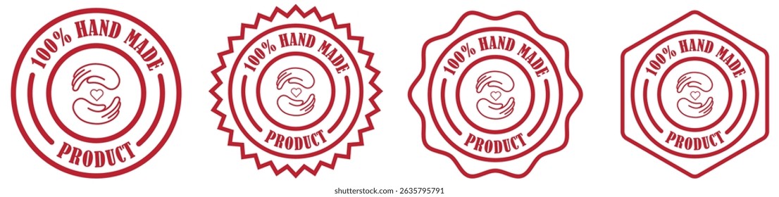 100% handmade product badge collection set on white background. A handmade product label vector. Round handmade product stamp. Handmade seal for packaging. Label icon for handcrafted item. Vector