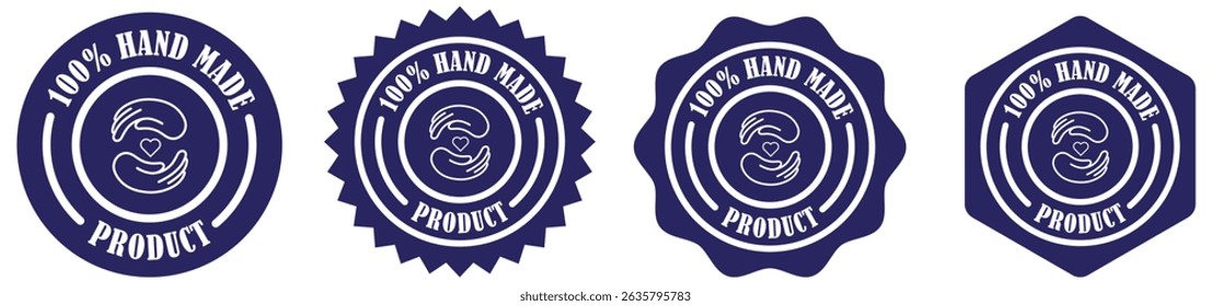 100% handmade product packaging badge collection set on white background. Round handmade product stamp. A handmade product label vector. Handmade seal for packaging. Label icon for handcrafted item