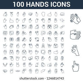 100 Hands universal linear icons set with Tap, Ok, Clapping, Waving hand, Fist, Smartphone, Counting, Pointing, Click