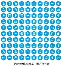 100 handshake icons set in blue hexagon isolated vector illustration