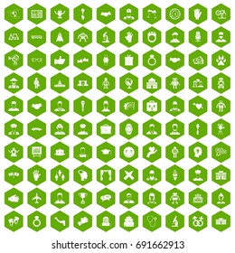 100 handshake icons set in green hexagon isolated vector illustration