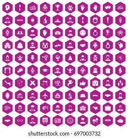 100 handshake icons set in violet hexagon isolated vector illustration
