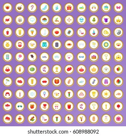 100 happiness icons set in cartoon style on purple background vector illustration