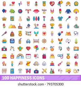 100 happiness icons set. Cartoon illustration of 100 happiness vector icons isolated on white background