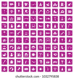 100 happy childhood icons set in grunge style pink color isolated on white background vector illustration