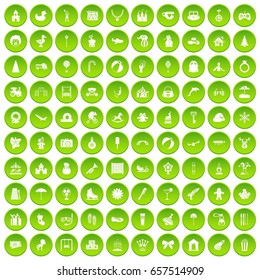 100 happy childhood icons set green circle isolated on white background vector illustration