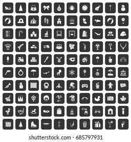 100 happy childhood icons set in black color isolated vector illustration
