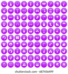 100 happy childhood icons set in purple circle isolated on white vector illustration
