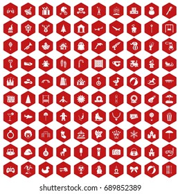 100 happy childhood icons set in red hexagon isolated vector illustration