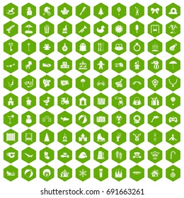 100 happy childhood icons set in green hexagon isolated vector illustration