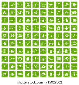 100 happy childhood icons set in grunge style green color isolated on white background vector illustration